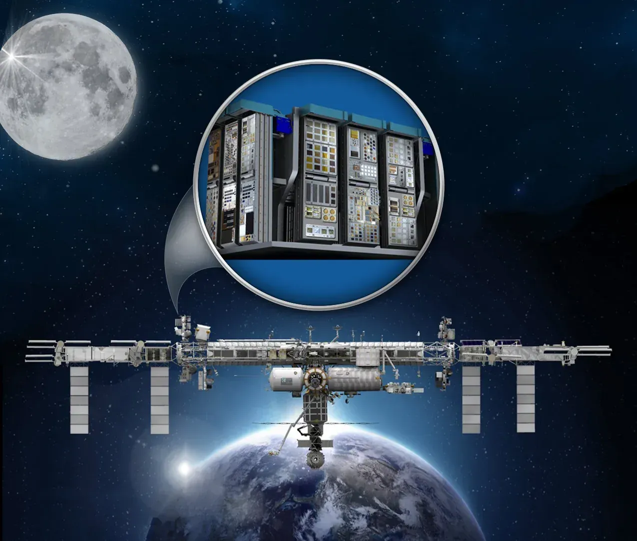 MISSE-FF structure mounted on the International Space Station with Earth and the Moon in the background, detail inset of the modular decks
