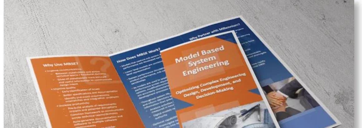 Model Based Systems Engineering tri-fold sales brochure mockup on a table