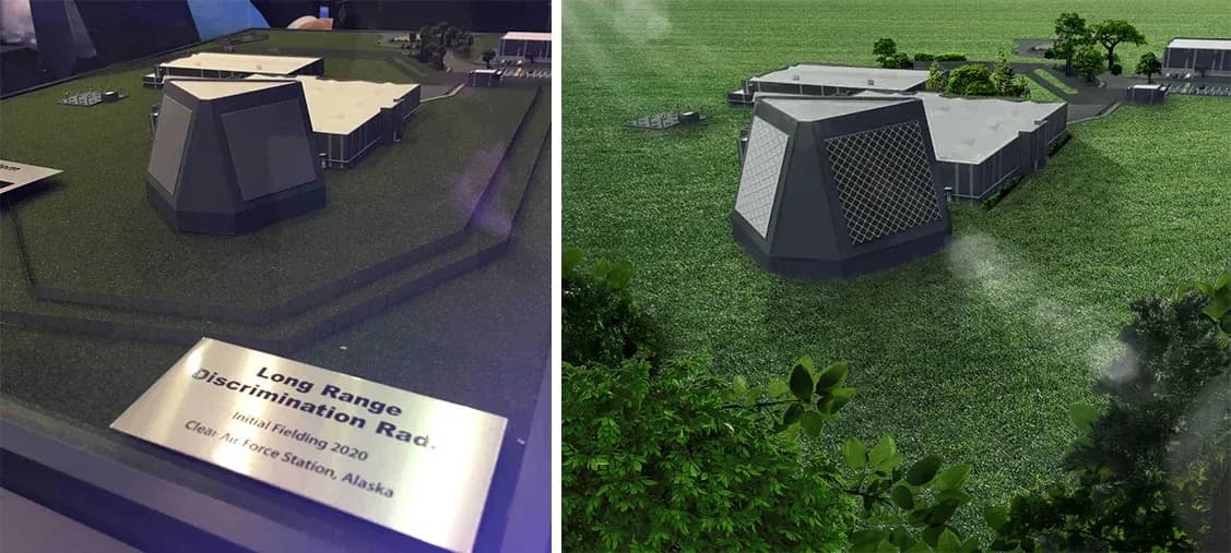Side-by-side before and after comparison: a photograph of a Long Range Discrimination Radar display model, and a 3D render of the same facility on a grass field