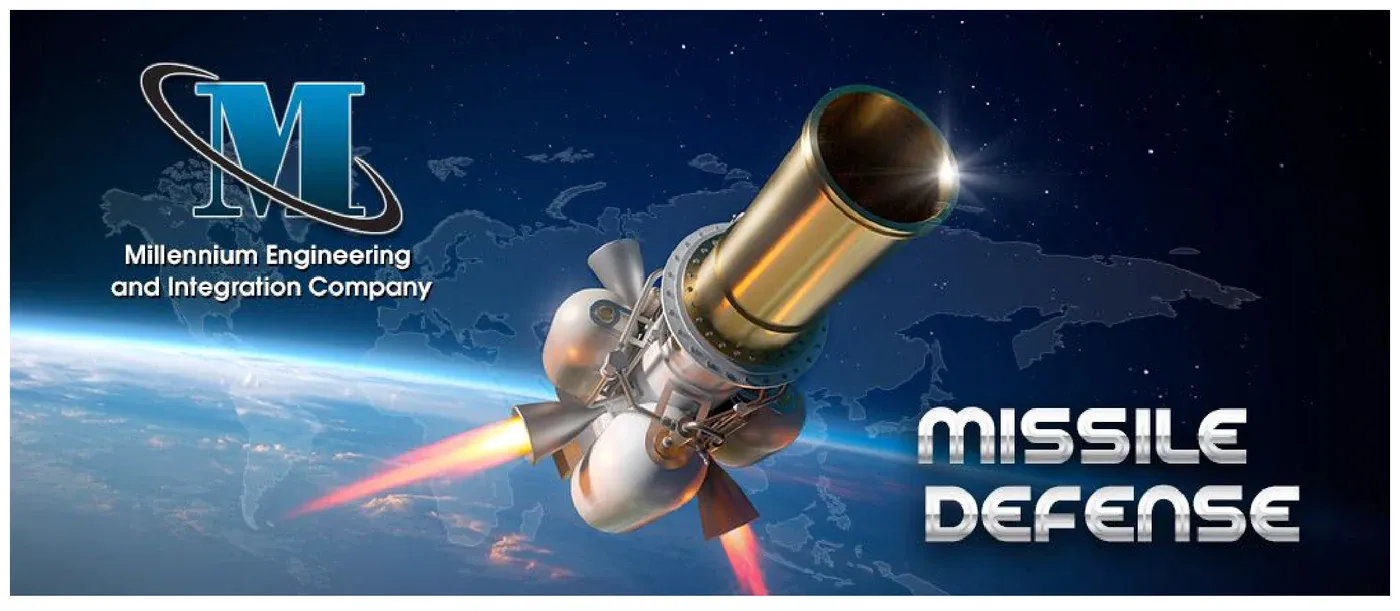 Rotating banner frame reading Missile Defense with a telescope and rocket illustration