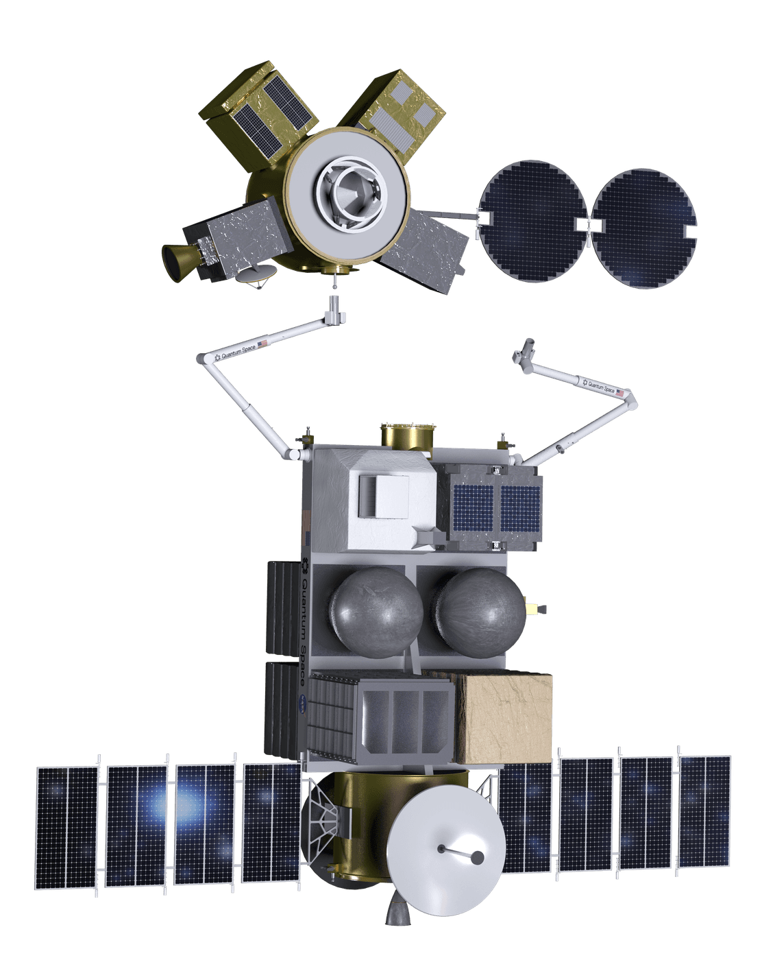 Lunar outpost satellite platform 3D asset with robotic arms, solar panels, and an ESPA ring of payloads, rendered against a white background