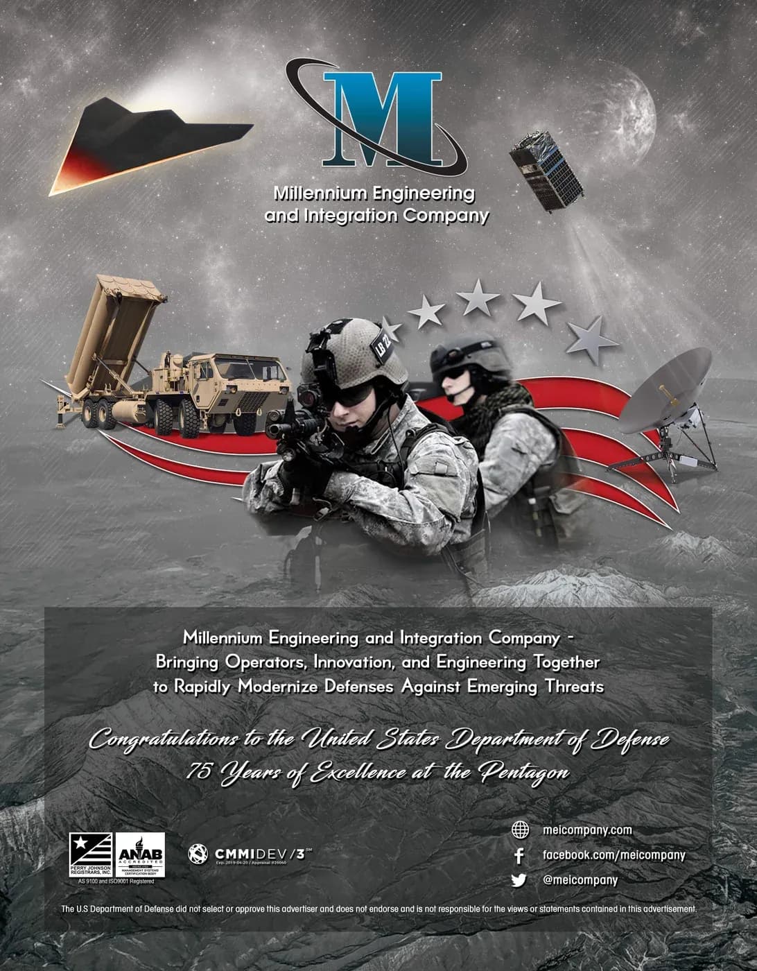 Millennium Engineering and Integration Company advertisement congratulating the Department of Defense on 75 years at the Pentagon, featuring the hypersonic vehicle asset, soldiers, a missile launcher, and a satellite dish