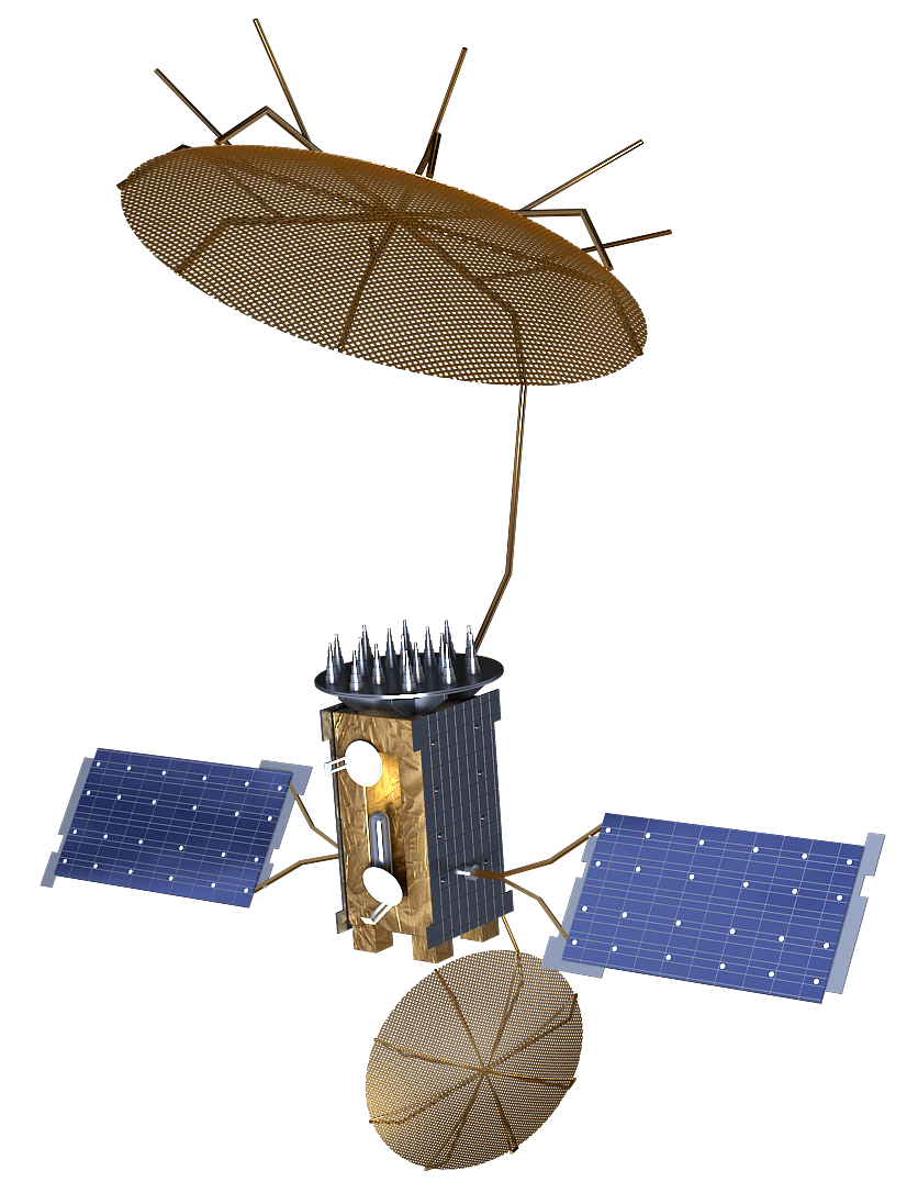 MUOS satellite with deployed solar panels and dish antenna rendered against a white background