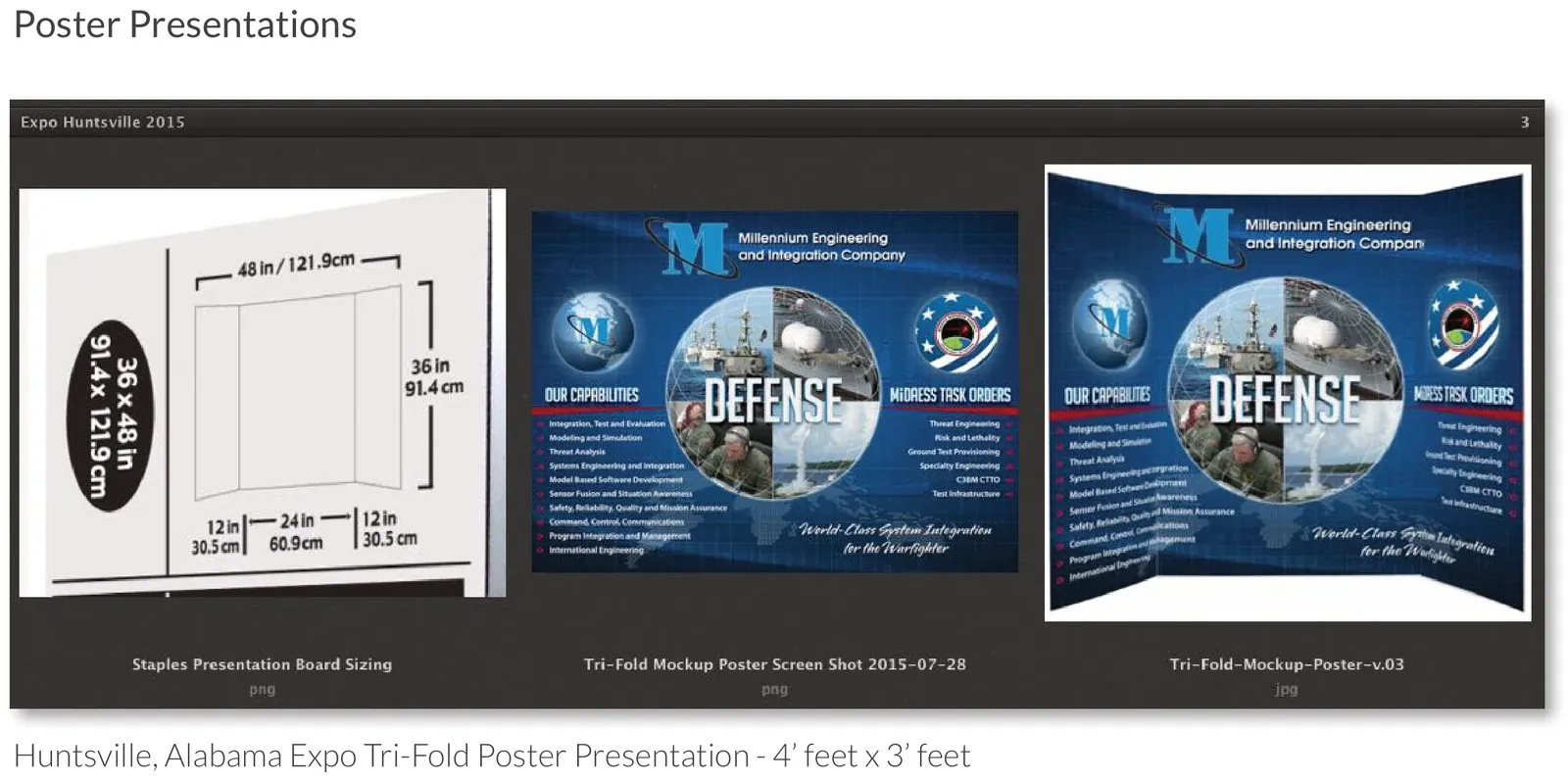Huntsville Alabama expo tri-fold poster presentation with sizing diagram and two mockup views