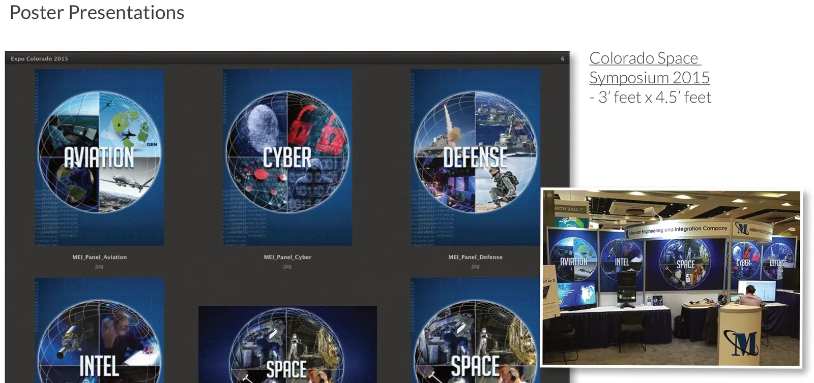 Six exhibition posters for the Colorado Space Symposium 2015 covering aviation, cyber, defense, intel, and space, with a booth photograph