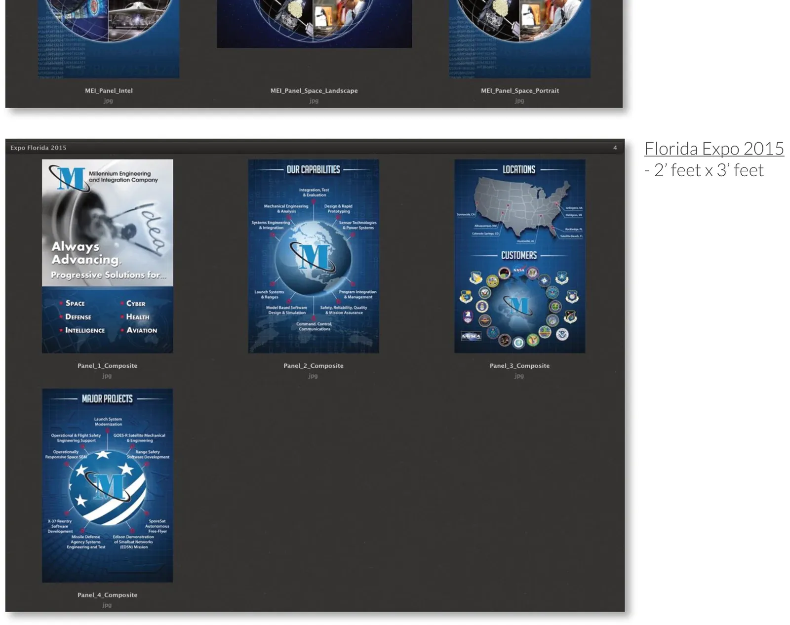 Four exhibition posters for the Florida Expo 2015 covering company capabilities, locations, customers, and major projects