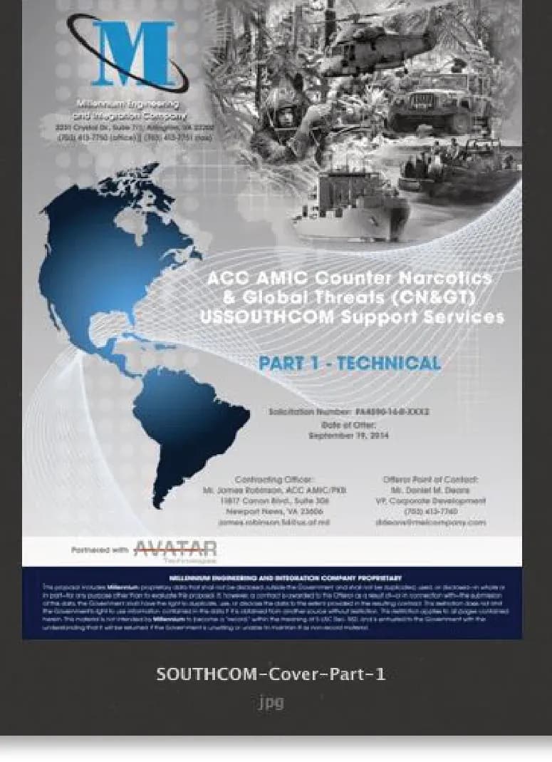USSOUTHCOM counter-narcotics and global threats proposal cover with Americas map and military imagery