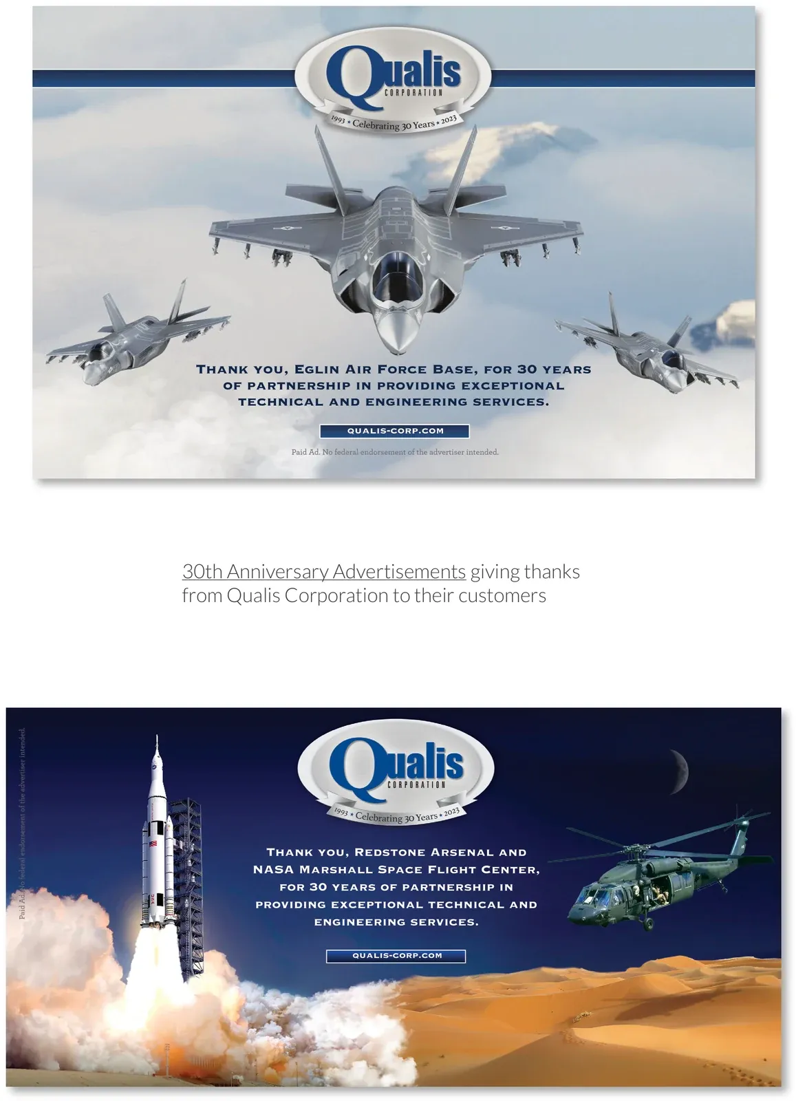 Two Qualis Corporation 30th anniversary advertisements thanking Eglin Air Force Base and Redstone Arsenal / NASA Marshall Space Flight Center