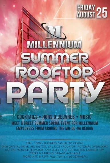 Millennium Summer Rooftop Party event flyer for Friday, August 25