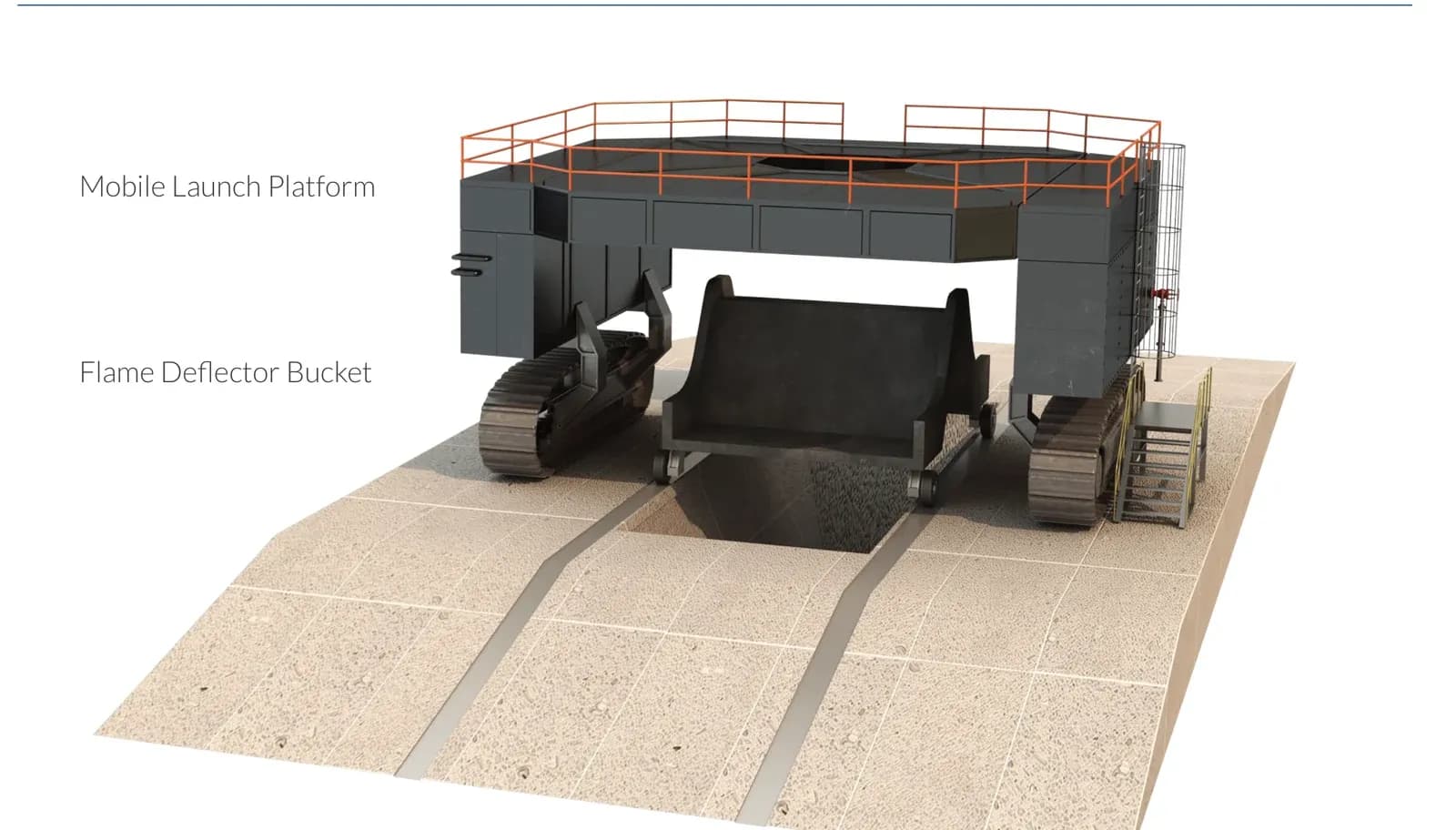 Mobile launch platform 3D concept with a flame deflector bucket beneath a raised tracked platform