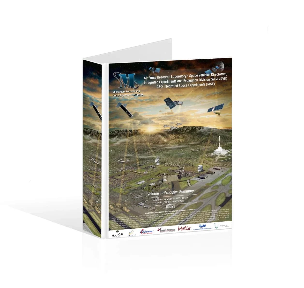 RISE proposal notebook cover mockup with rocket launch and satellite imagery