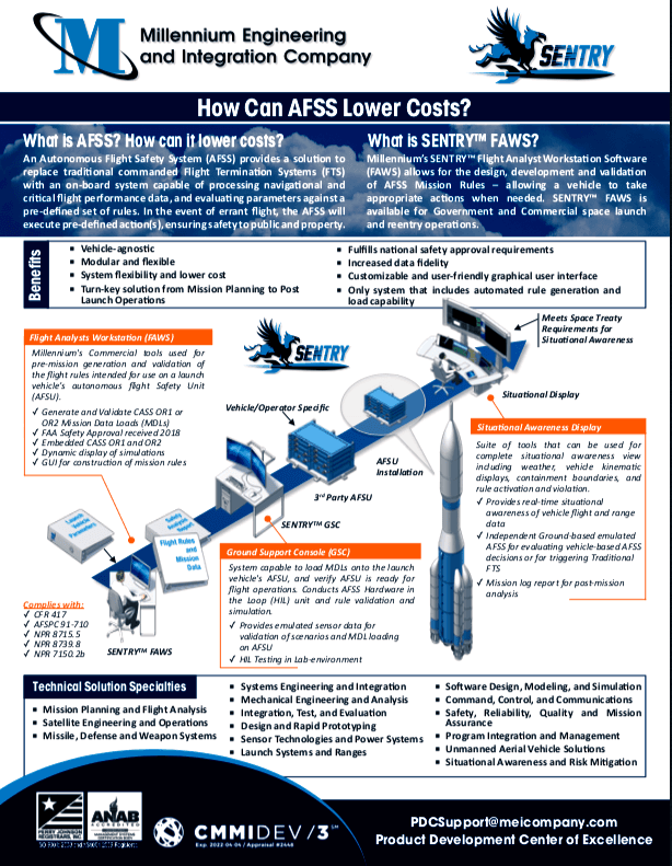 AFSS one-page fact sheet titled How Can AFSS Lower Costs, featuring the isometric rocket asset