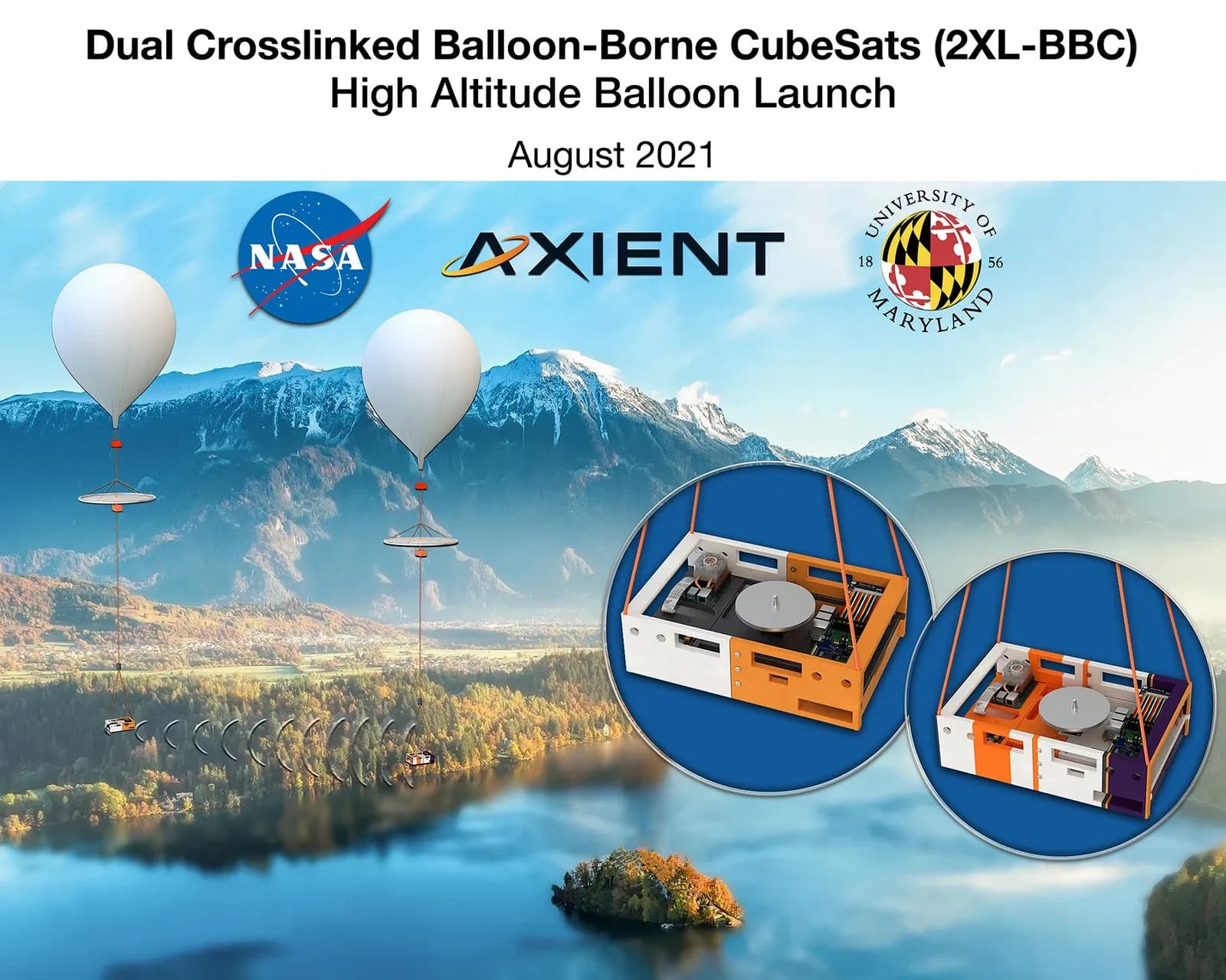 Dual Crosslinked Balloon-Borne CubeSats (2XL-BBC) High Altitude Balloon Launch poster with NASA, Axient, and University of Maryland logos over a mountain landscape, with two balloon renders and payload box insets