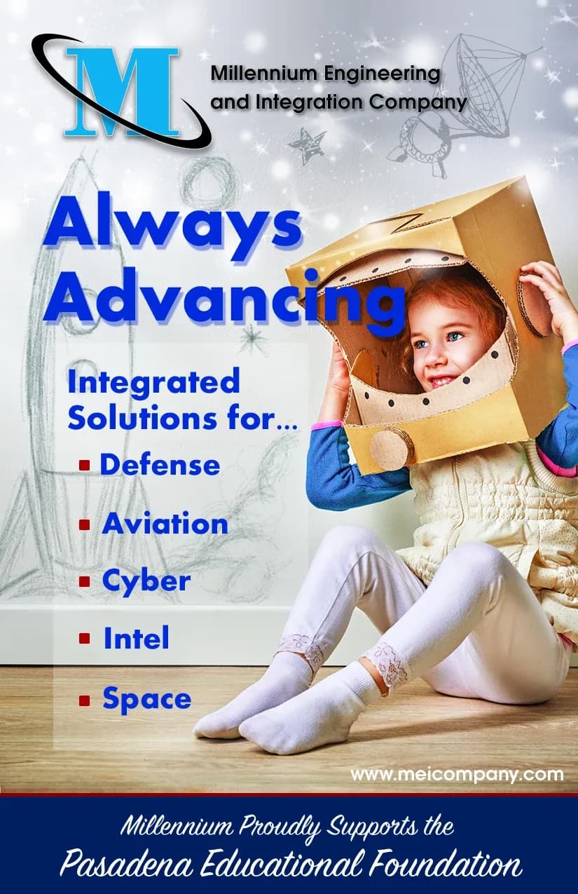 Pasadena Educational Foundation magazine advertisement featuring a child wearing a cardboard astronaut helmet