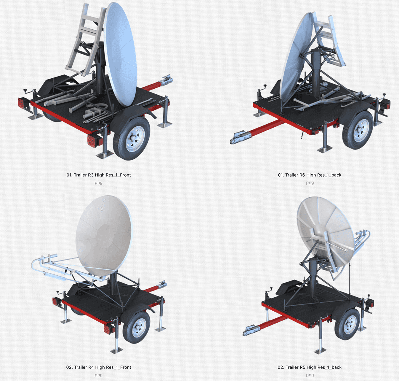 Four 3D renders of a mobile trailer-mounted satellite dish system from front and back angles, deployed and stowed