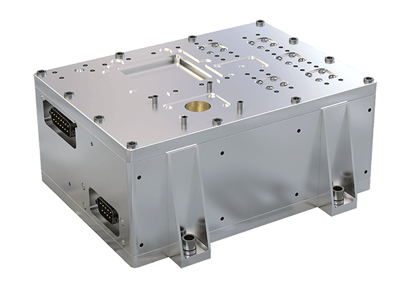 Silver metal sensor enclosure rendered against a white background, showing connector ports and mounting hardware