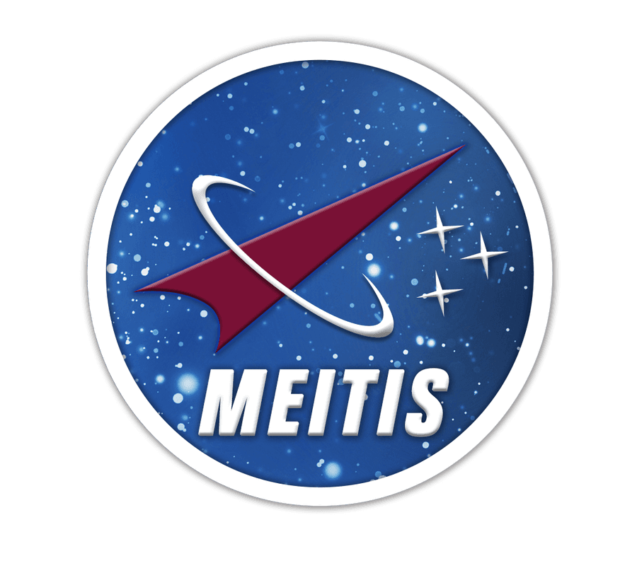 Circular MEITIS joint venture logo badge with a red rocket and stars on a dark blue background