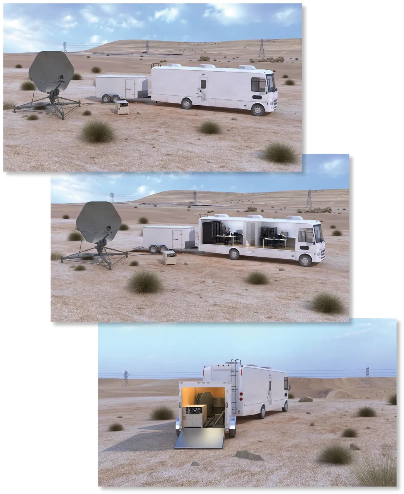 Three views of a mobile power and communications vehicle with a satellite dish, in a desert setting: parked, staffed, and with its equipment bay open