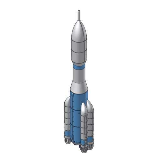 Isometric 3D asset of a two-stage rocket with the Millennium company mark on its upper stage, rendered against a white background