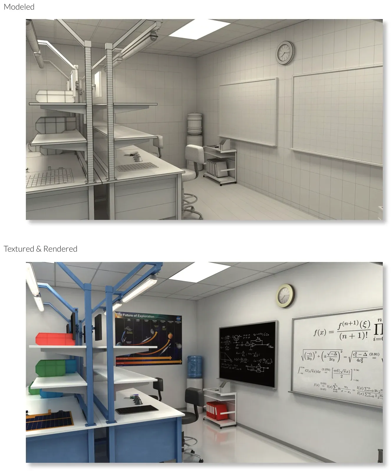 Side-by-side comparison of an untextured 3D model and the final textured, rendered research laboratory scene