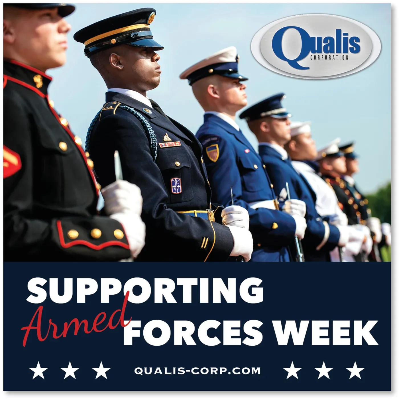 Qualis Corporation advertisement supporting Armed Forces Week, featuring a military honor guard