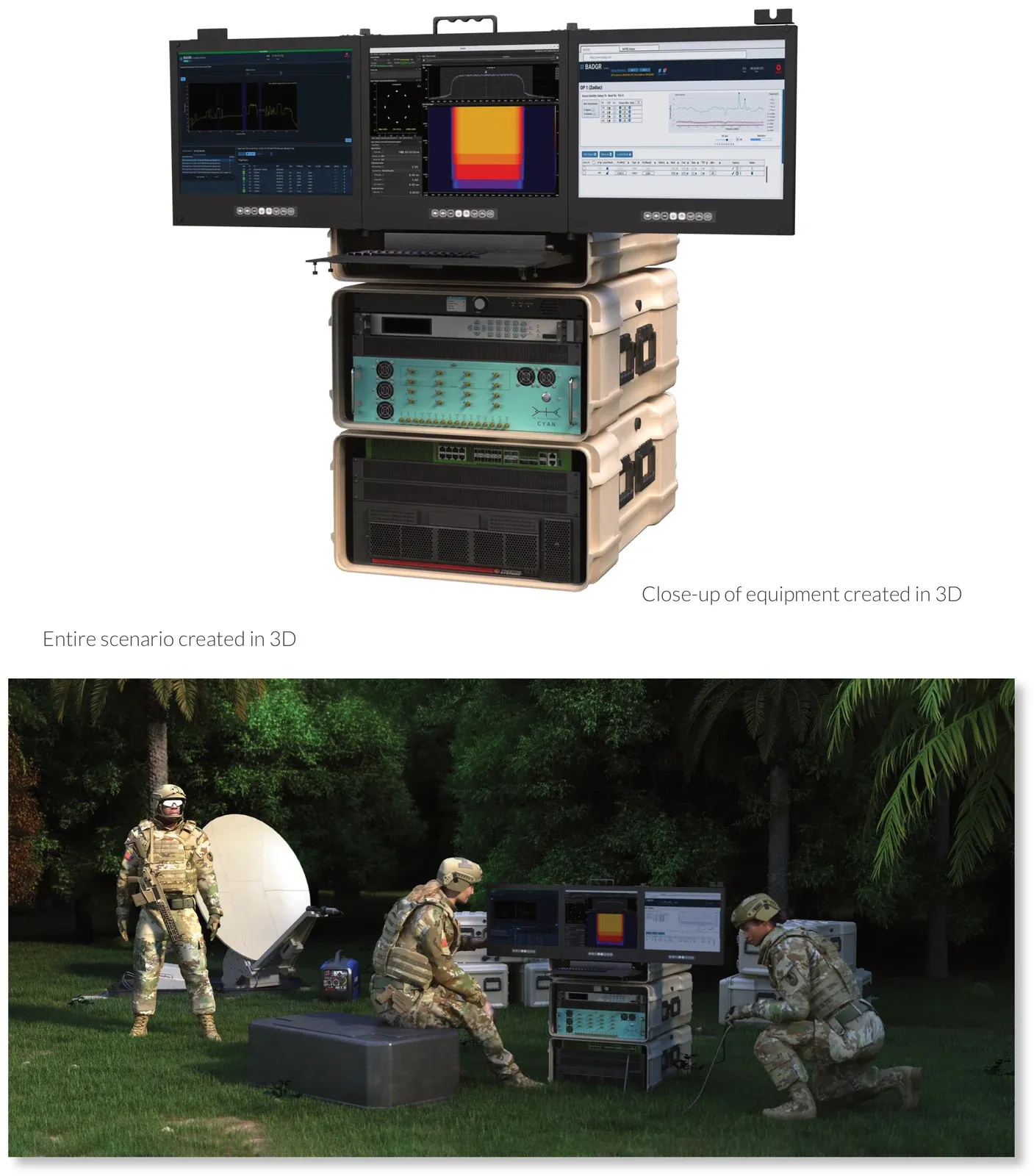 3D render of a stacked signals-monitoring equipment case with three displays, above a photorealistic scene of the same equipment deployed in a wooded field with operators
